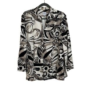 Chico's‎ Silk Linen Blend Blazer Jacket Size 3 US XL Beige Black Abstract Print